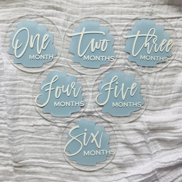 Blue scripty number milestone discs, 12 acrylic discs