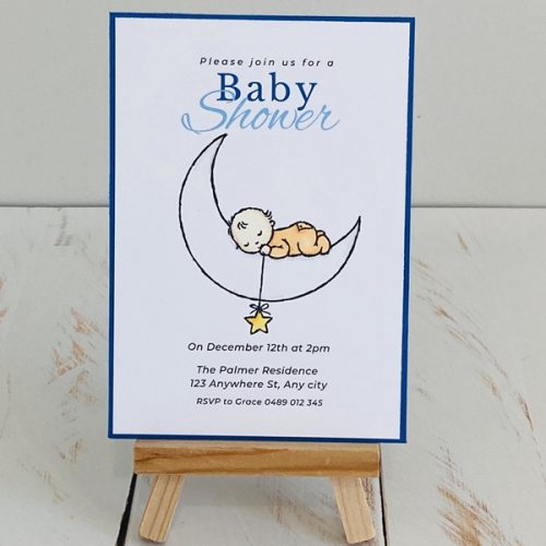 Grace baby on a moon, single full size invitation with a blue background layer