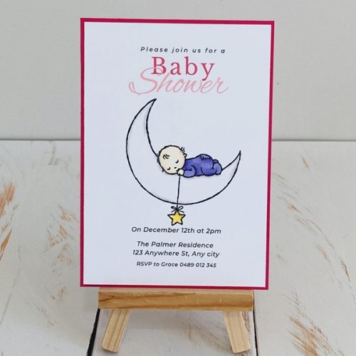 Grace baby on a moon, single full size invitation with a pink background layer