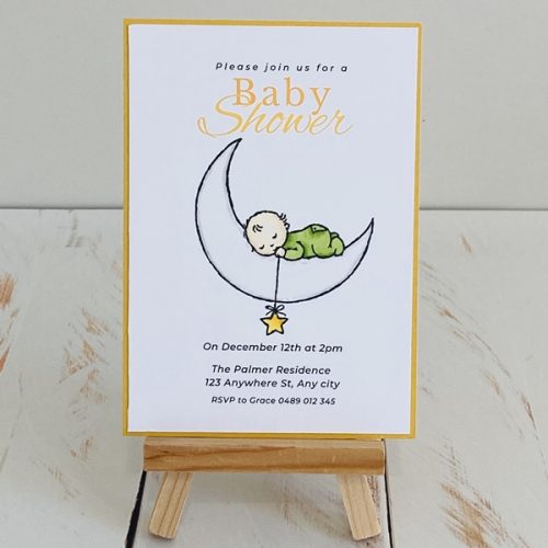 Grace baby on a moon, single full size invitation with a yellow background layer