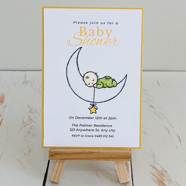 Grace baby on a moon, single full size invitation with a yellow background layer
