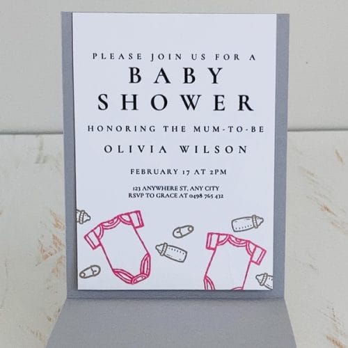 Olivia, single open pocket size invitation in a pink colour scheme