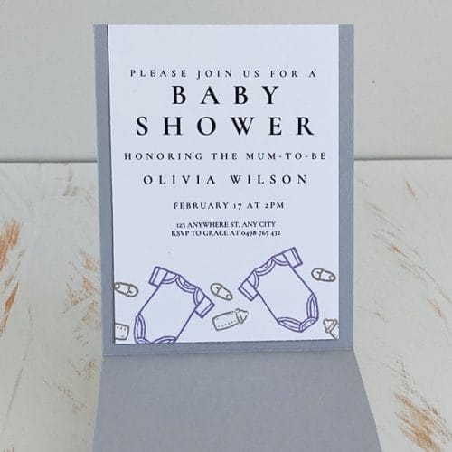 Olivia, single open pocket size invitation in a purple colour scheme