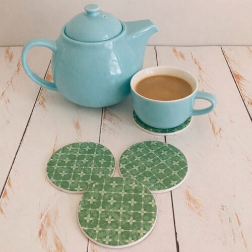 Green motif themed drink coasters, 4 coasters