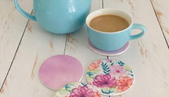 Purple floral themed drink coasters, 4 coasters